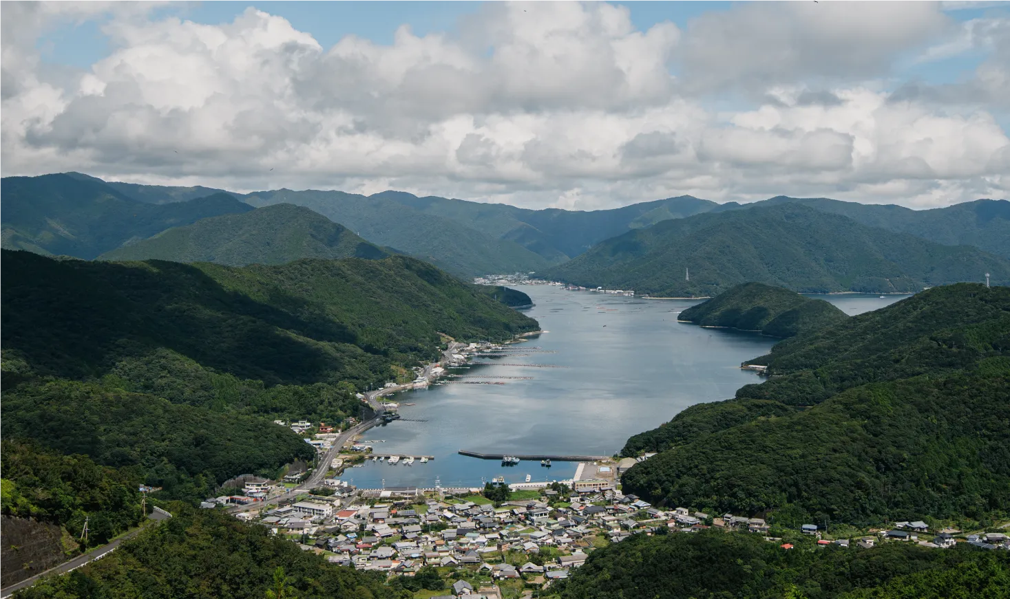 緑の山々に囲まれた蒲江の入り江と港の集落